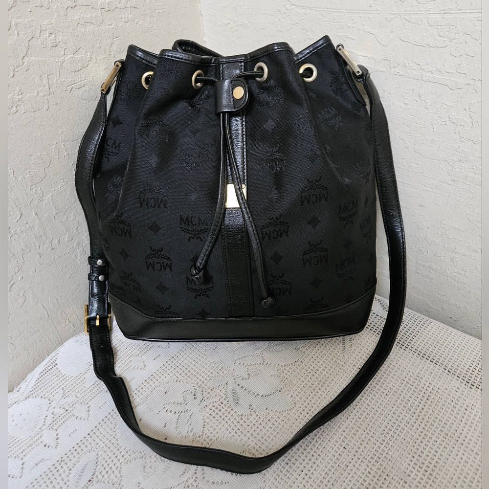 MCM Black Monogram Nylon Bucket Vintage Shoulder Bag